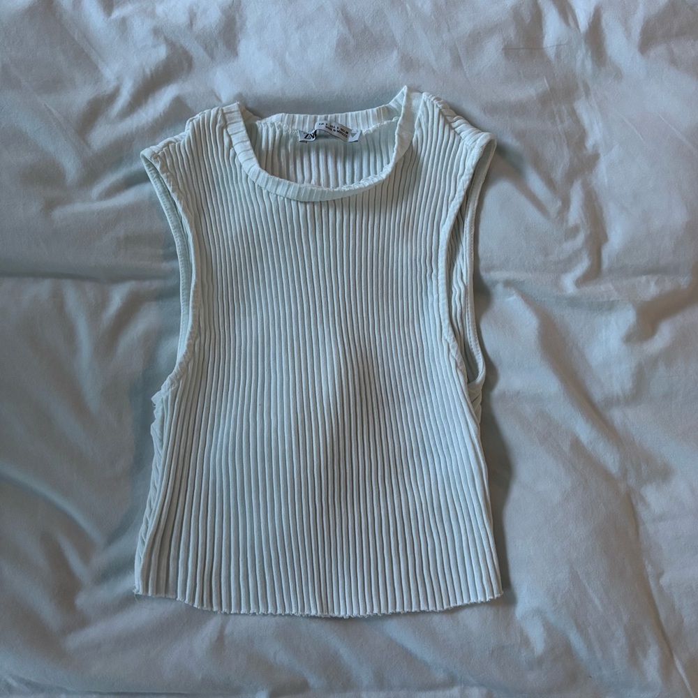 Zara Sleeveless Ribbed White Crop Top